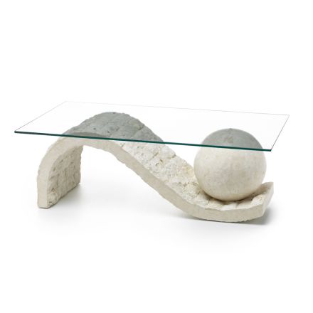 Woonkamersalontafel Glazen blad met voet van fossiele steen - Bol Viadurini