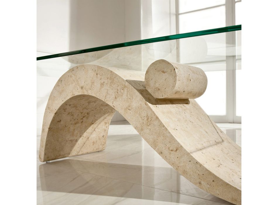 Modern design salontafel met glazen blad en onderstel van fossiele steen - Navulling Viadurini