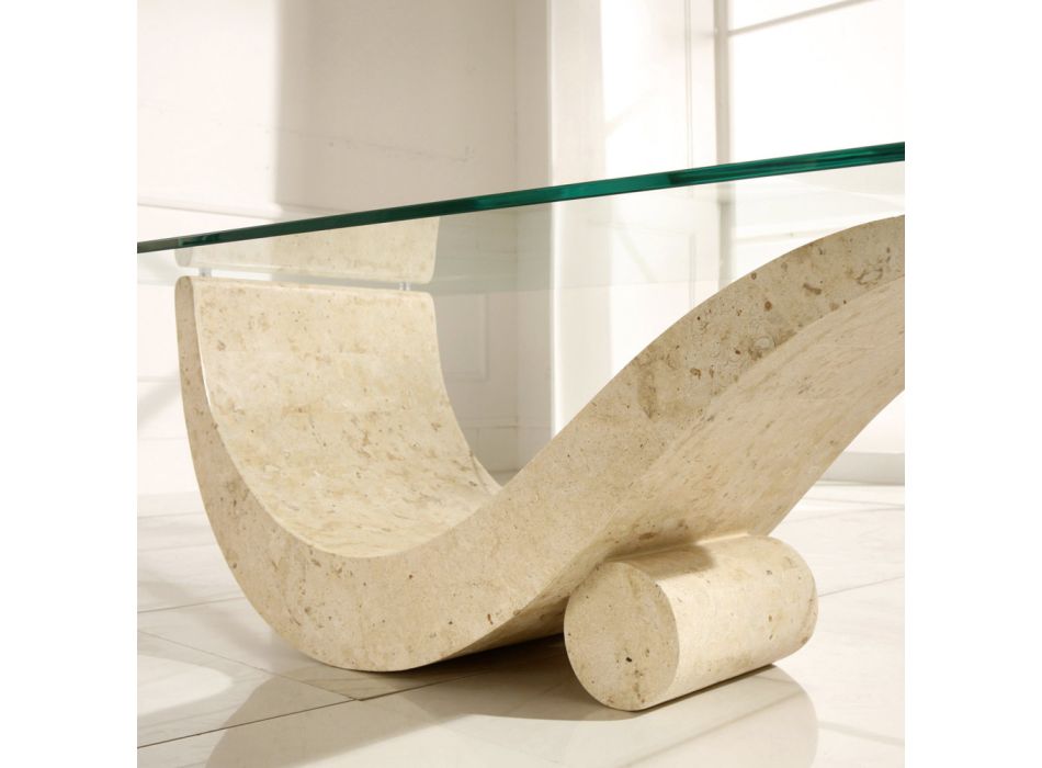 Modern design salontafel met glazen blad en onderstel van fossiele steen - Navulling Viadurini