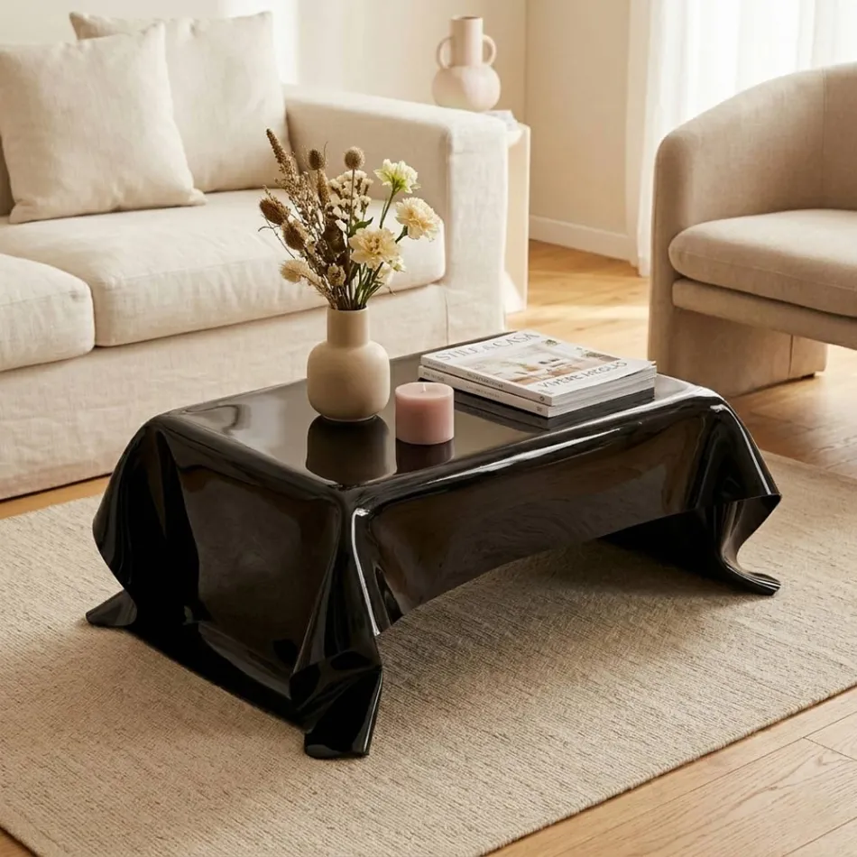 Melia zwarte design salontafel van gedrapeerd plexiglas, gemaakt in Italië. Viadurini