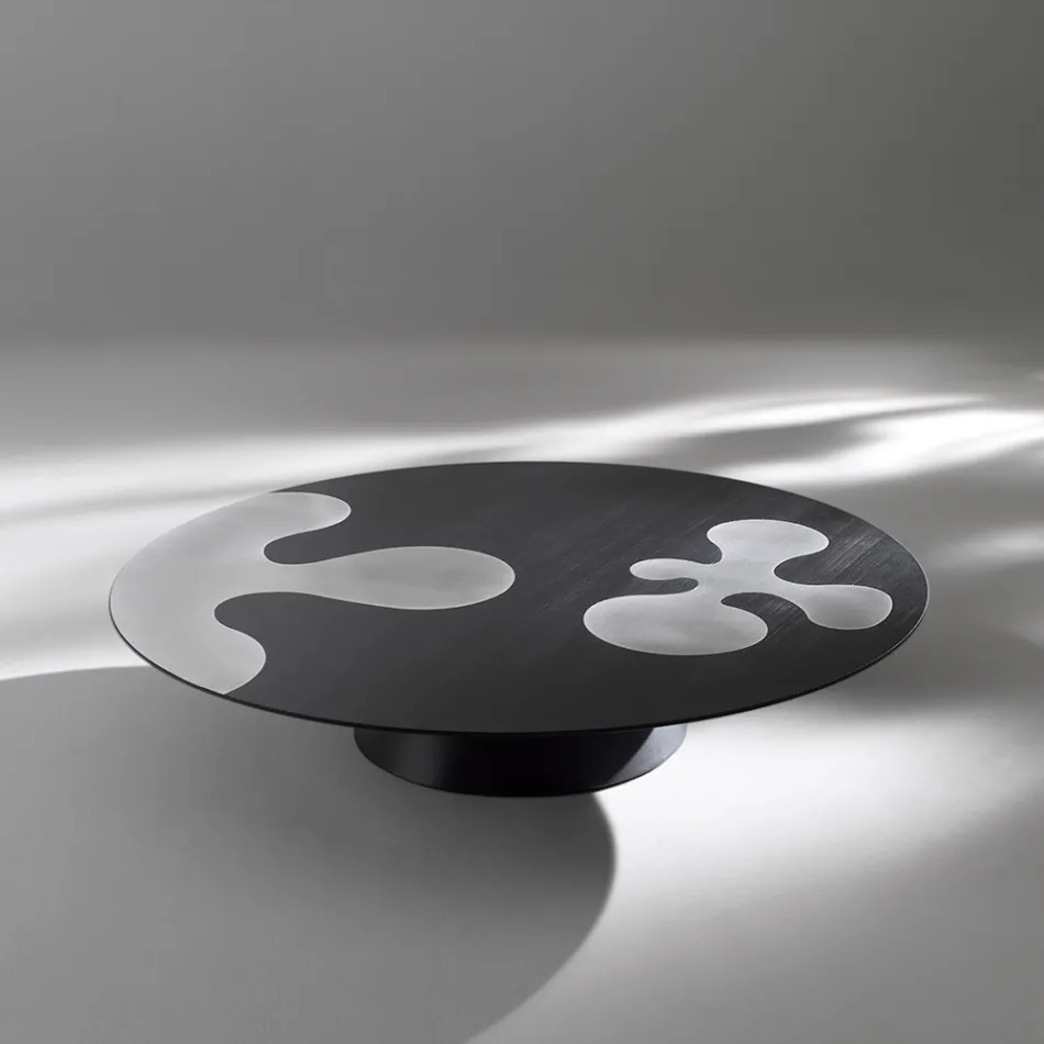 Salontafel van zwart gelakt larikshout met satijnroestvrijstalen inzetstukken - Vergine Viadurini