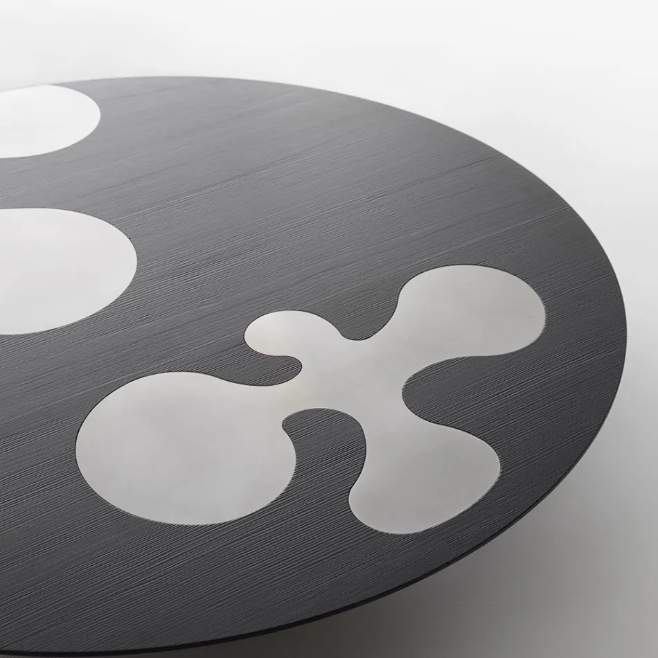 Salontafel van zwart gelakt larikshout met satijnroestvrijstalen inzetstukken - Vergine Viadurini