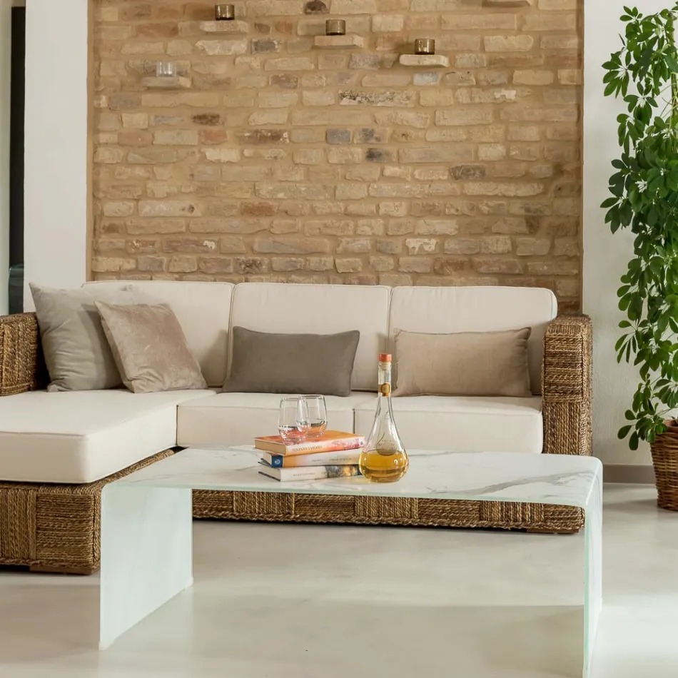 Salontafel van 10 mm gebogen gehard glas met marmerlook - Aiello Viadurini