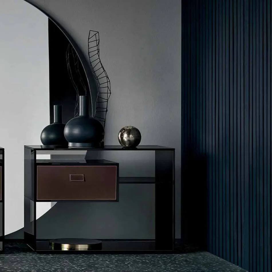 Sofa bijzettafel of nachtkastje in gerookt glas met lederen lade - Linzy Viadurini