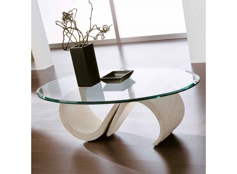 Ovale salontafel van afgeschuind glas en synthetisch marmer gemaakt in Italië - Barbera Viadurini