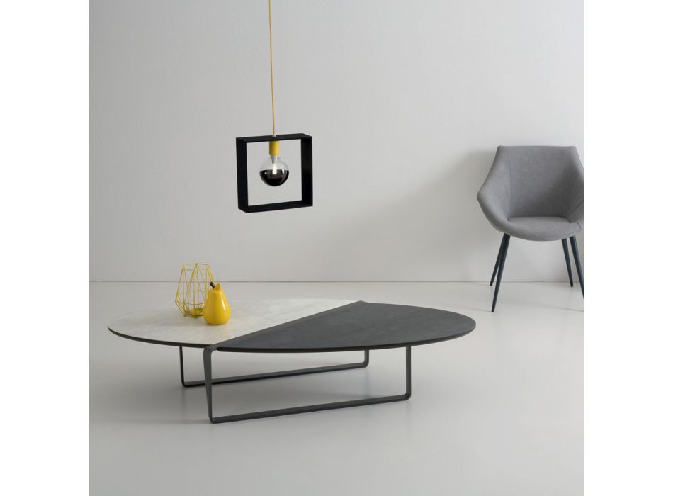 Ovale salontafel van metaal in de woonkamer en tweekleurig keramisch blad - Comacchio Viadurini