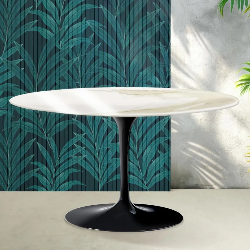 Saarinen Tulip ovale salontafel H 41 cm in glanzend Calacatta Gold Florim keramiek - Scharlakenrood Viadurini