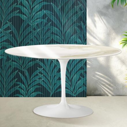 Saarinen Tulip ovale salontafel H 41 cm in glanzend Calacatta Gold Florim keramiek - Scharlakenrood Viadurini