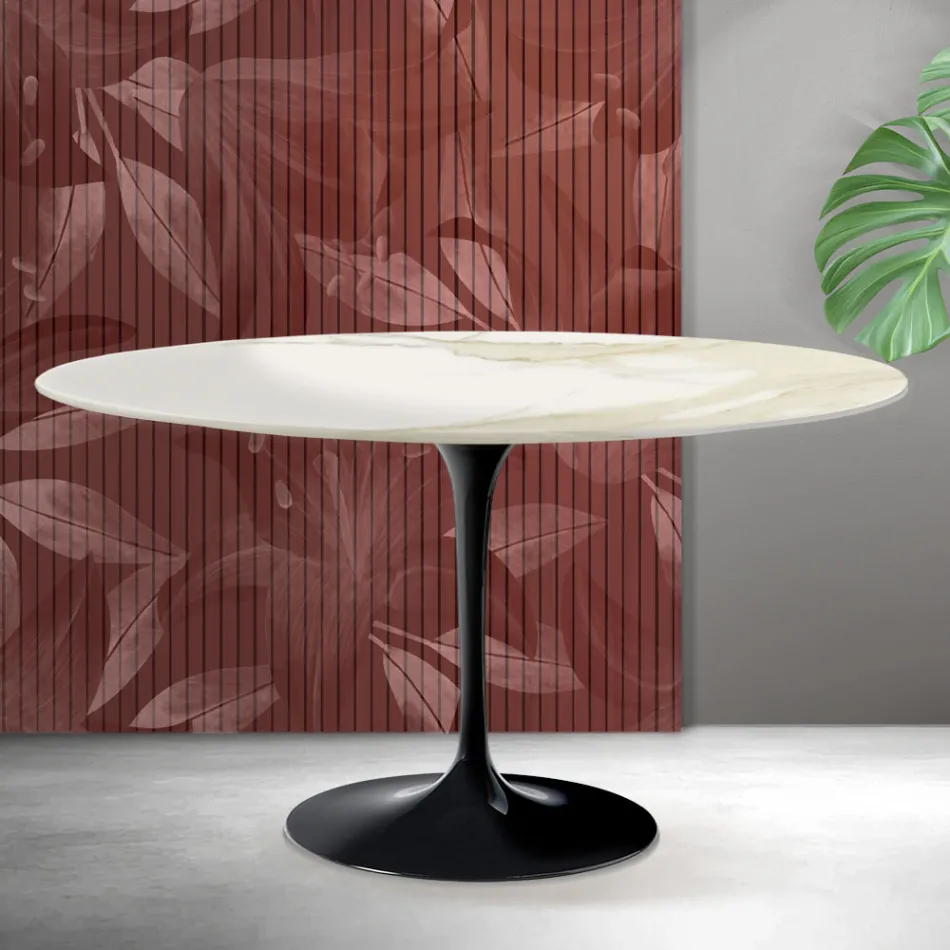 Saarinen Tulip ovale salontafel H 41 cm in Florim Calacatta Gold mat keramiek - Scharlakenrood Viadurini