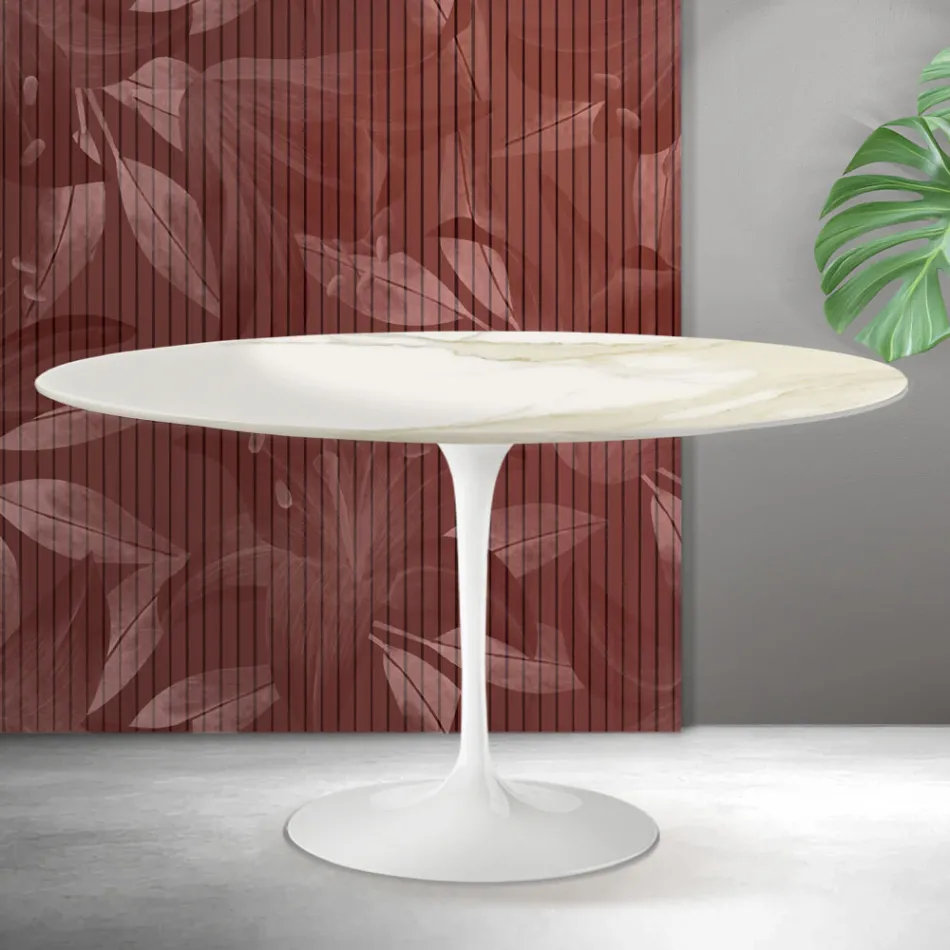 Saarinen Tulip ovale salontafel H 41 cm in Florim Calacatta Gold mat keramiek - Scharlakenrood Viadurini