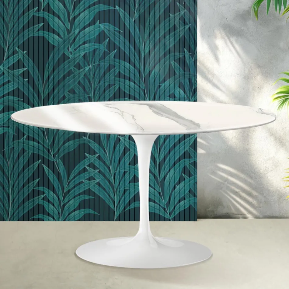 Saarinen Tulip ovale salontafel H 41 cm in glanzend Statuario Florim keramiek - Scharlakenrood Viadurini