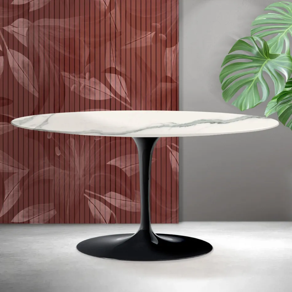 Saarinen Tulip ovale salontafel H 41 cm in Florim Statuario mat keramiek - Scharlakenrood Viadurini