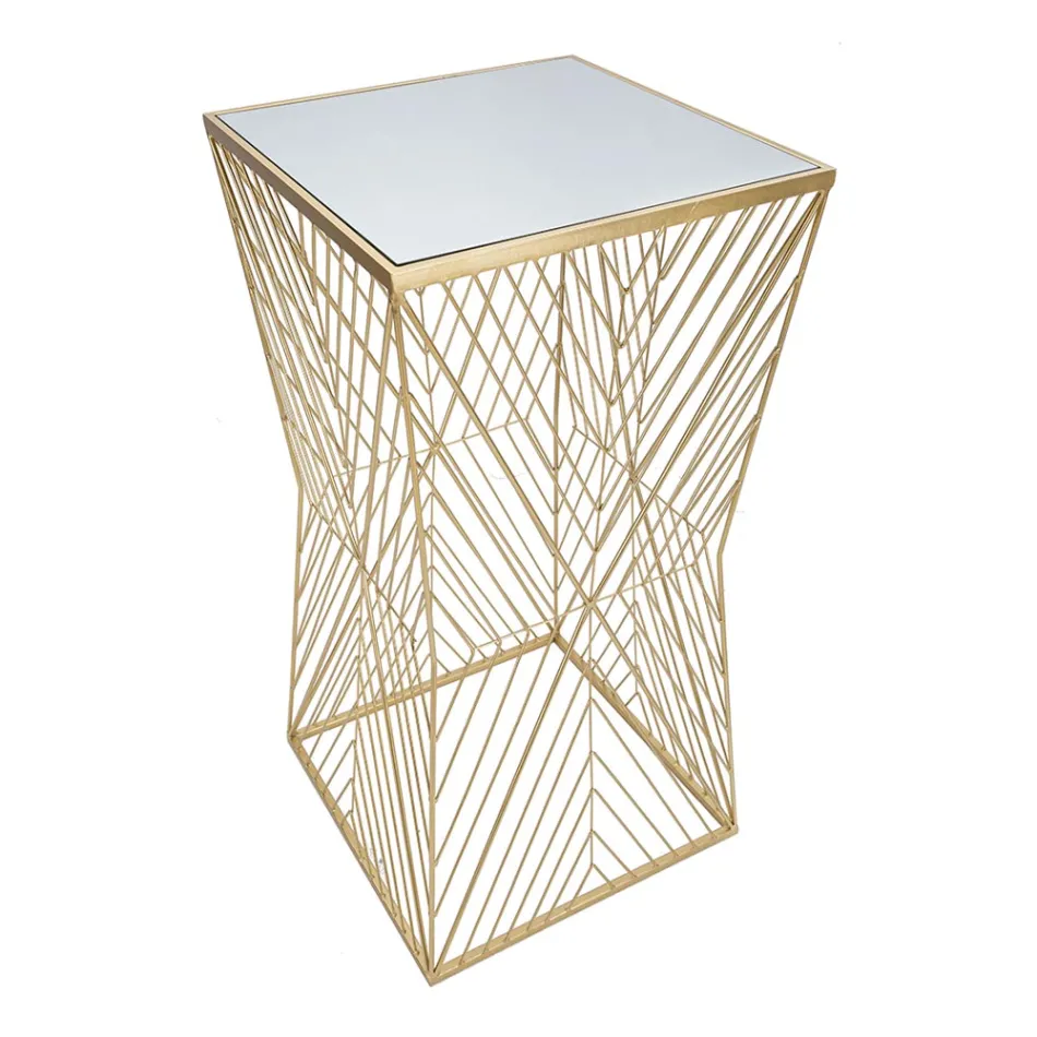 Telefoontafel in goudkleurig ijzer en blad van spiegelglas - Olivia Viadurini