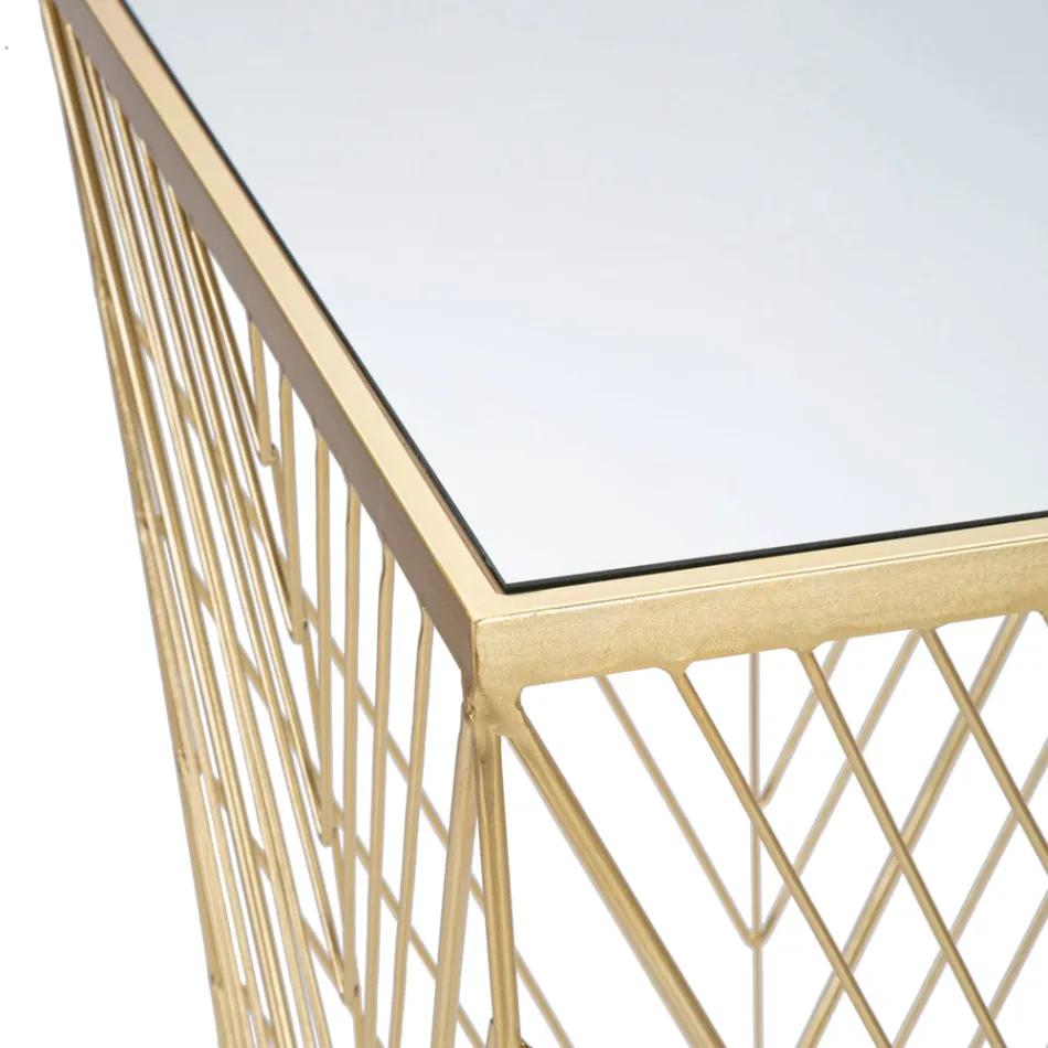 Telefoontafel in goudkleurig ijzer en blad van spiegelglas - Olivia Viadurini