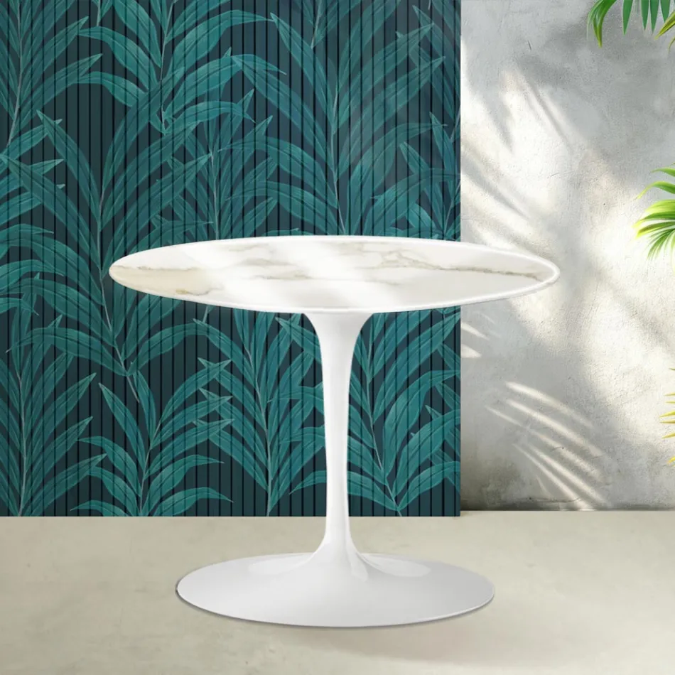Saarinen Tulip ronde salontafel H 41 cm in Florim Calacatta Gold Gloss keramiek - Scharlakenrood Viadurini