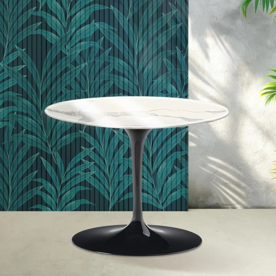 Saarinen Tulip ronde salontafel H 41 cm in glanzend Statuario Florim keramiek - Scharlakenrood Viadurini