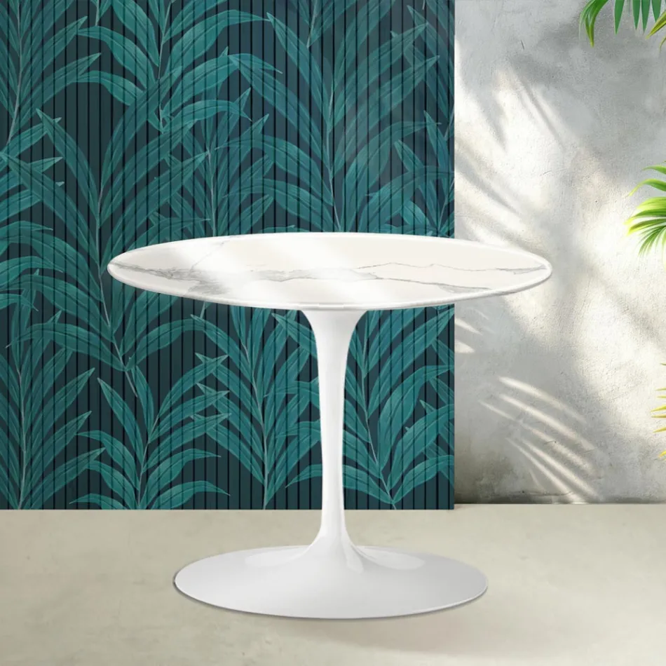 Saarinen Tulip ronde salontafel H 41 cm in glanzend Statuario Florim keramiek - Scharlakenrood Viadurini