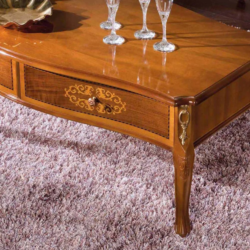 Ingelegde houten salontafel met 2 lades Made in Italy - Katerine Viadurini