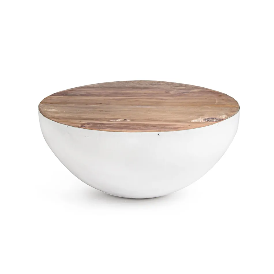 Ronde salontafel in wit of grijs gerecycled hout en staal - Genoveffa Viadurini