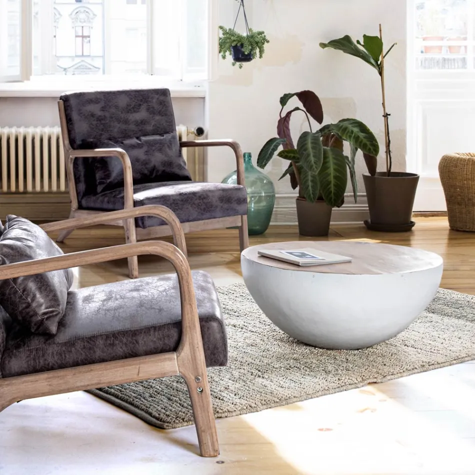 Ronde salontafel in wit of grijs gerecycled hout en staal - Genoveffa Viadurini