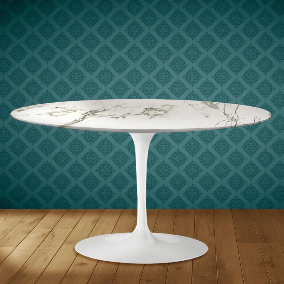Eero Saarinen H 41 ovale tulp salontafel in Aura 22 keramiek, gemaakt in Italië - Scharlakenrood Viadurini