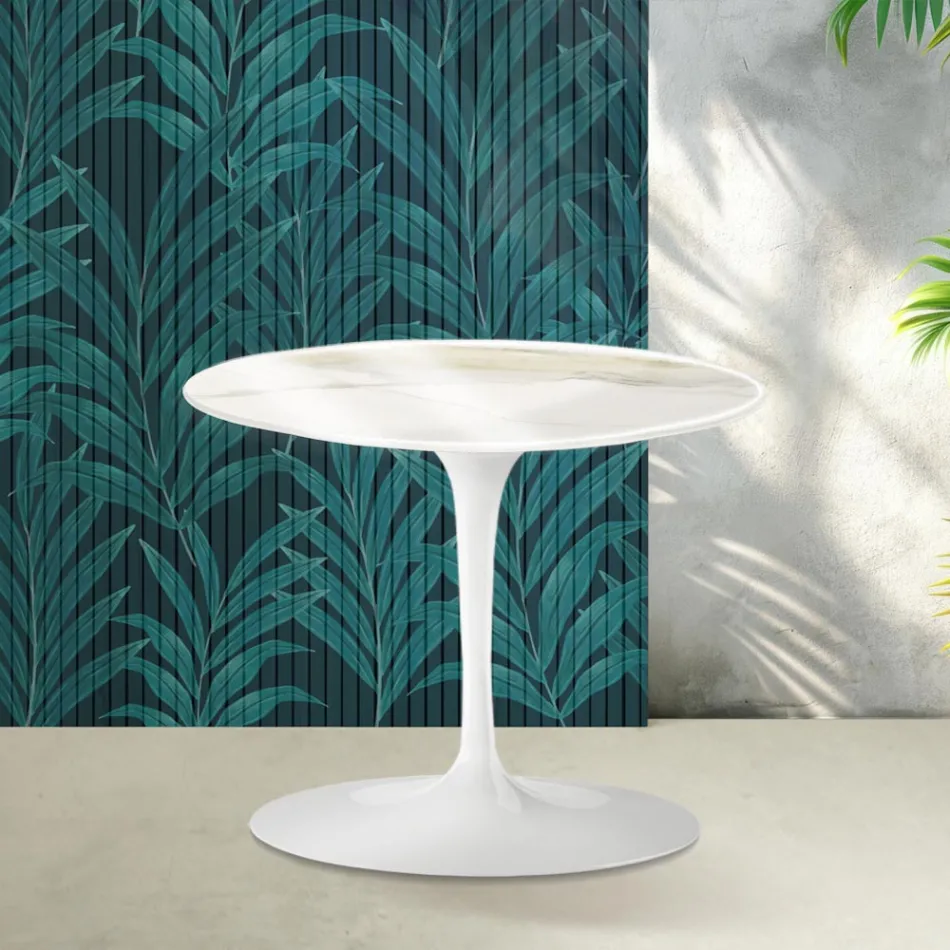 Saarinen Tulip salontafel, hoogte 39 cm, in glanzend Calacatta Gold Florim keramiek - Scharlakenrood Viadurini