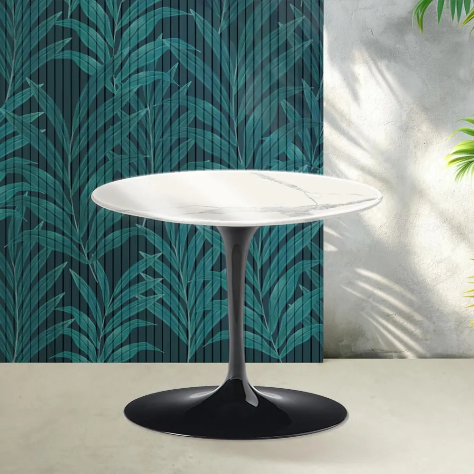 Saarinen Tulip salontafel, hoogte 39 cm, in glanzend Statuario Florim keramiek - Scharlakenrood Viadurini