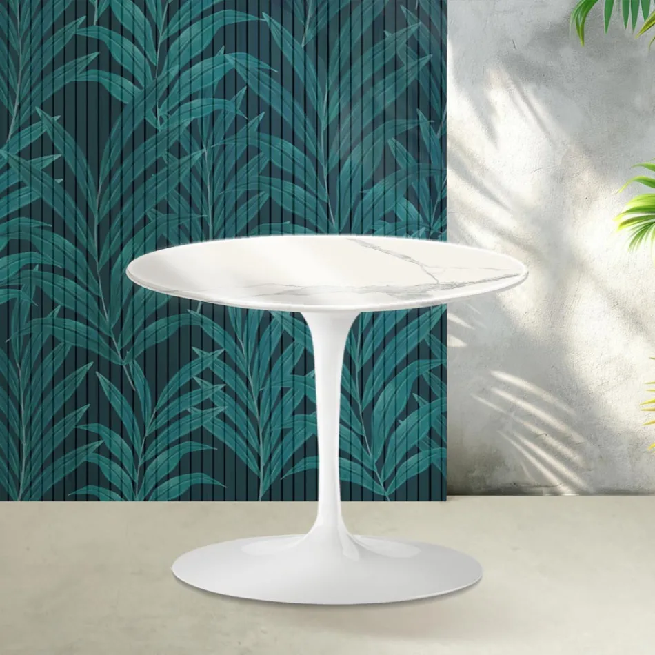 Saarinen Tulip salontafel, hoogte 39 cm, in glanzend Statuario Florim keramiek - Scharlakenrood Viadurini