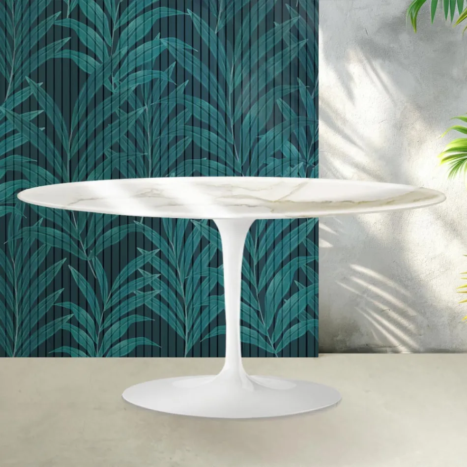 Saarinen Tulip salontafel H 41 cm in glanzend Florim Calacatta Gold keramiek - Scharlakenrood Viadurini