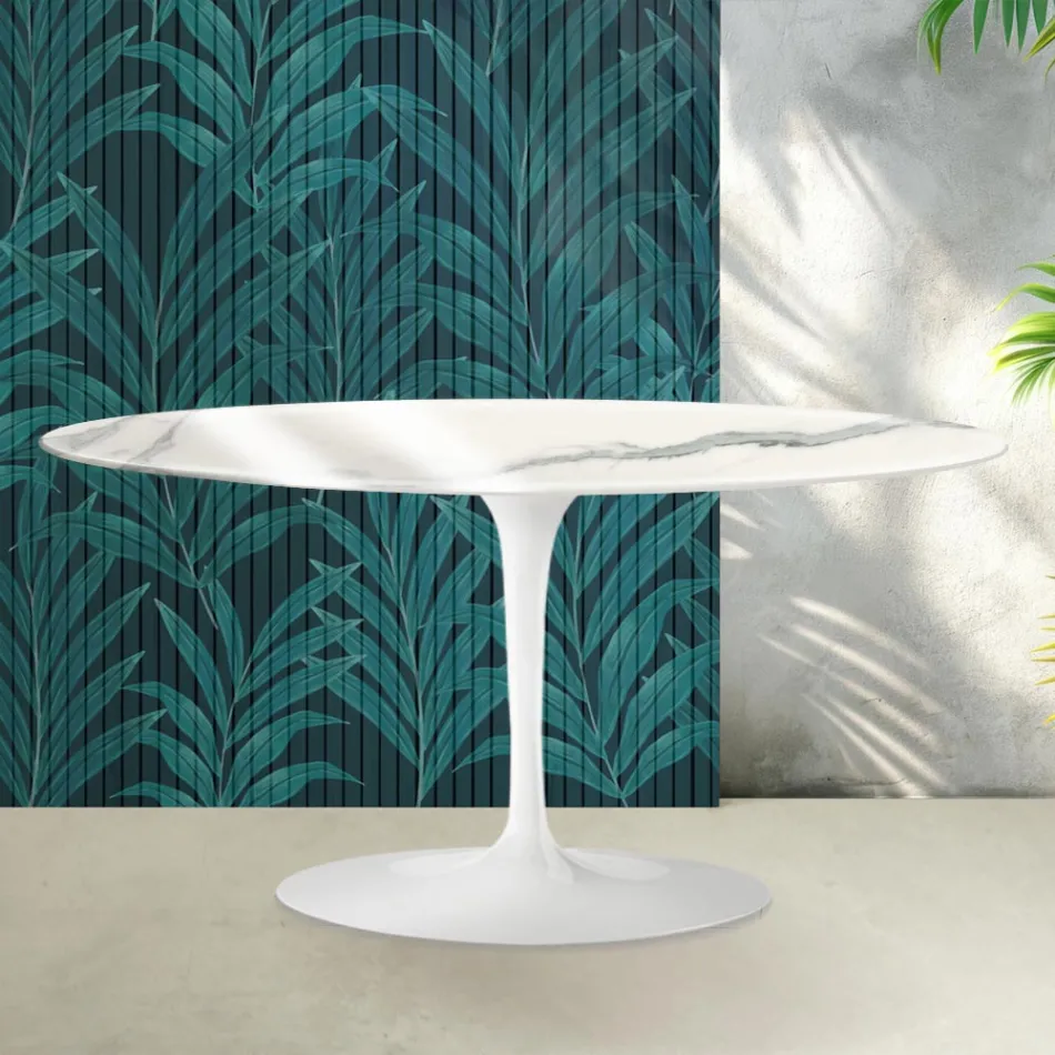 Saarinen Tulip salontafel H 41 cm in glanzend Statuario Florim keramiek - Scharlakenrood Viadurini