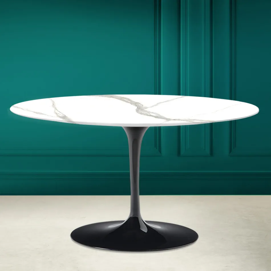 Tulip Saarinen H 41 ovale salontafel in Calacatta Michelangelo keramiek Viadurini