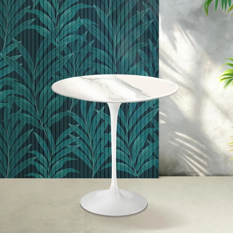 Saarinen Tulip salontafel H 52 cm in glanzend Statuario Florim keramiek - Scharlakenrood Viadurini