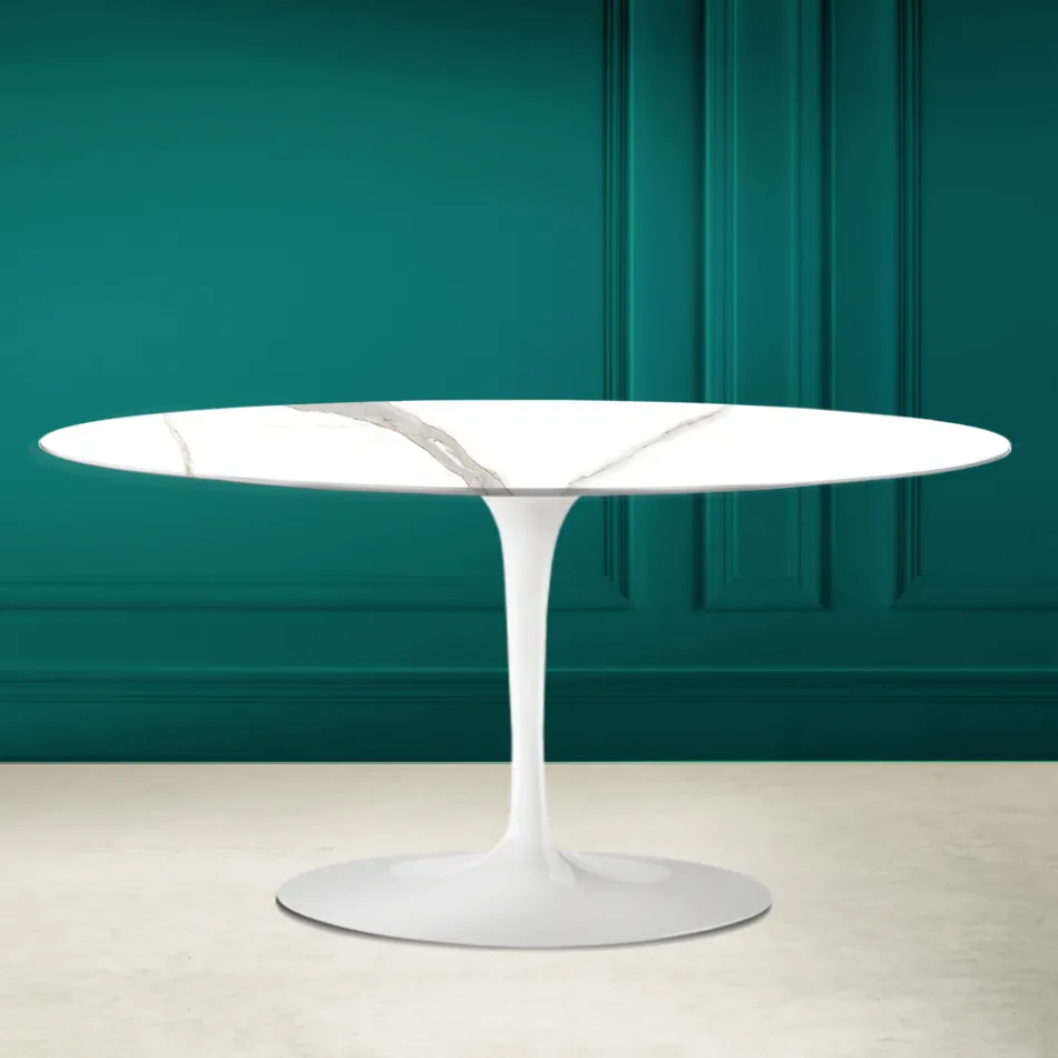 Tulip Saarinen ovale salontafel H 41 in Calacatta Michelangelo Made in Italy - Scarlet Viadurini