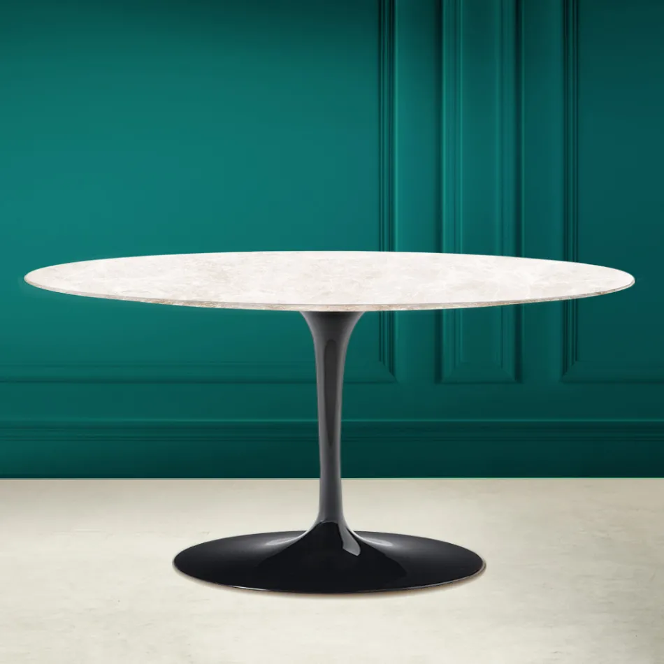 Tulip Saarinen Ovale Salontafel H 41 in Diamond Cream Keramiek Made in Italy - Scarlet Viadurini