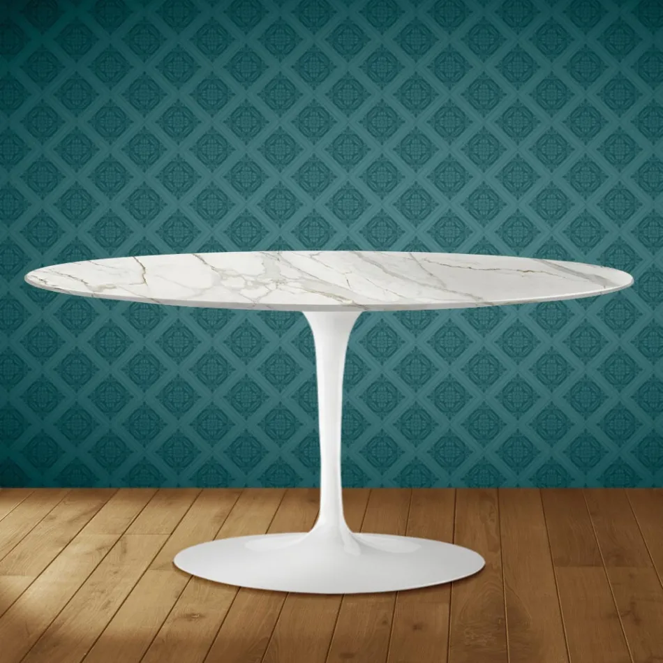 Saarinen Tulip salontafel, ovaal, H 41 cm, glanzend keramiek, gemaakt in Italië - Scarlet Viadurini