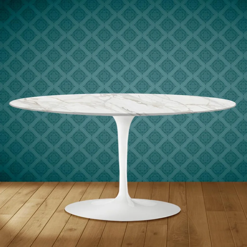 Tulip Saarinen Ovale Salontafel H 41 in Morpheus Keramiek Made in Italy - Scarlet Viadurini
