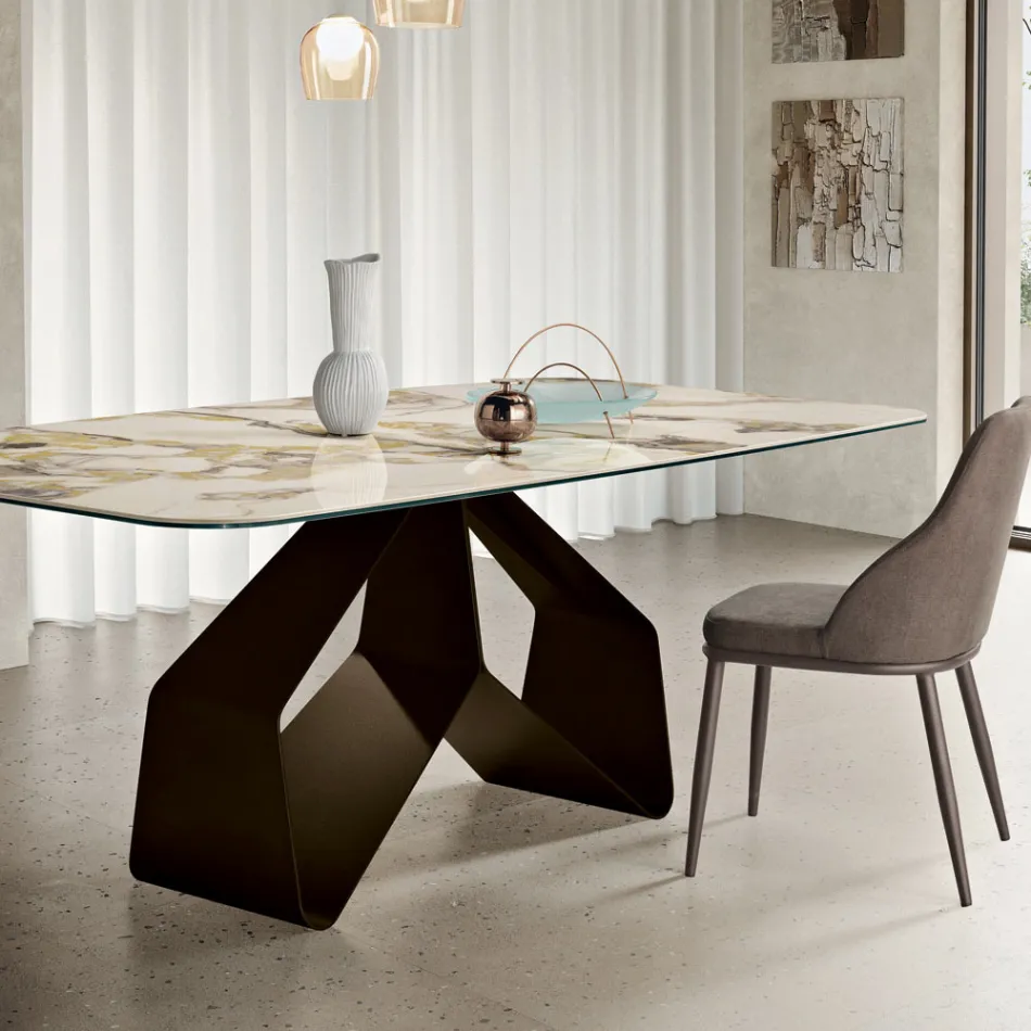 Tafel van 210x110 cm met keramisch blad met marmerlook en metalen onderstel - Adriano Viadurini