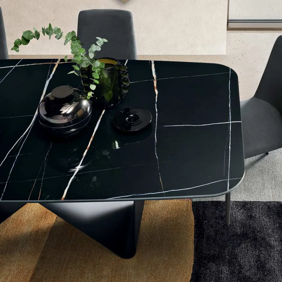 Tafel van 210x110 cm met keramisch blad met marmerlook en metalen onderstel - Adriano Viadurini