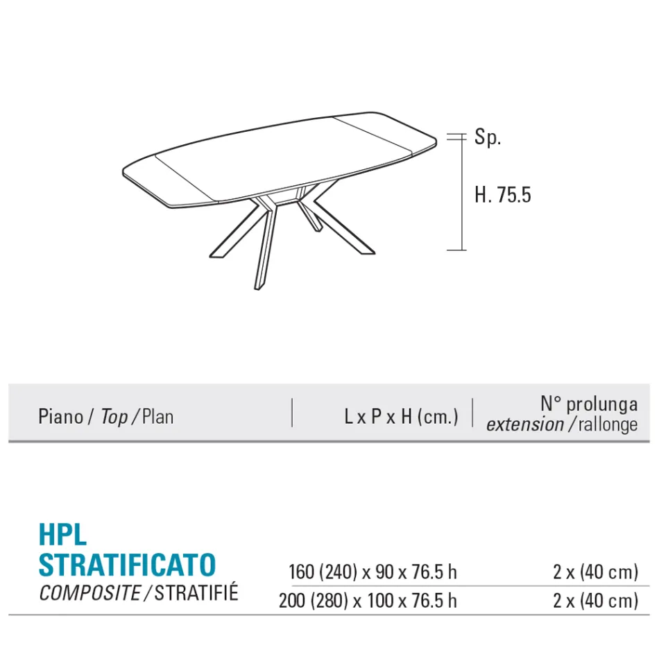 Uitschuifbare vattafel tot 240 of 280 cm in HPL en metaal - Heden Viadurini