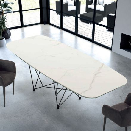 Moderne tonvormige tafel van hypermarmer en staal, gemaakt in Italië - Ezzellino Viadurini