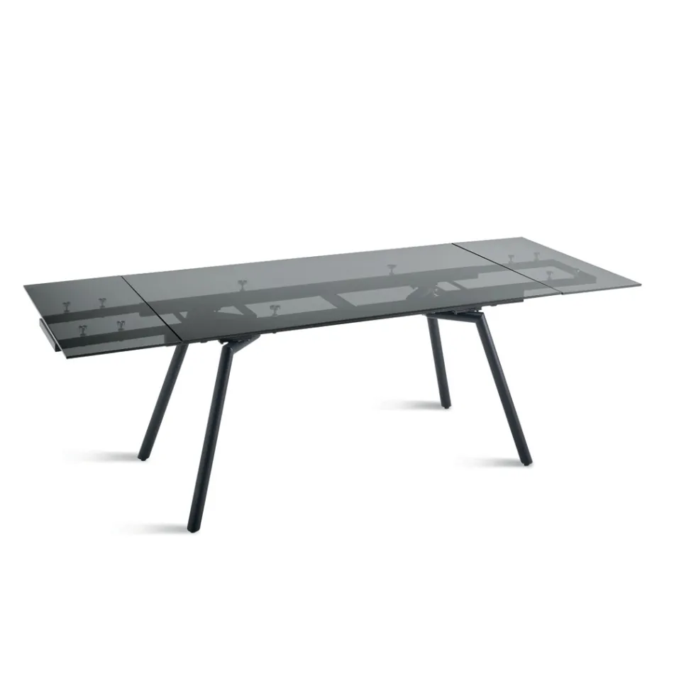 Uitschuifbare tafel 160/240x91 cm in rookglas met zwarte metalen voet - Kolom Viadurini