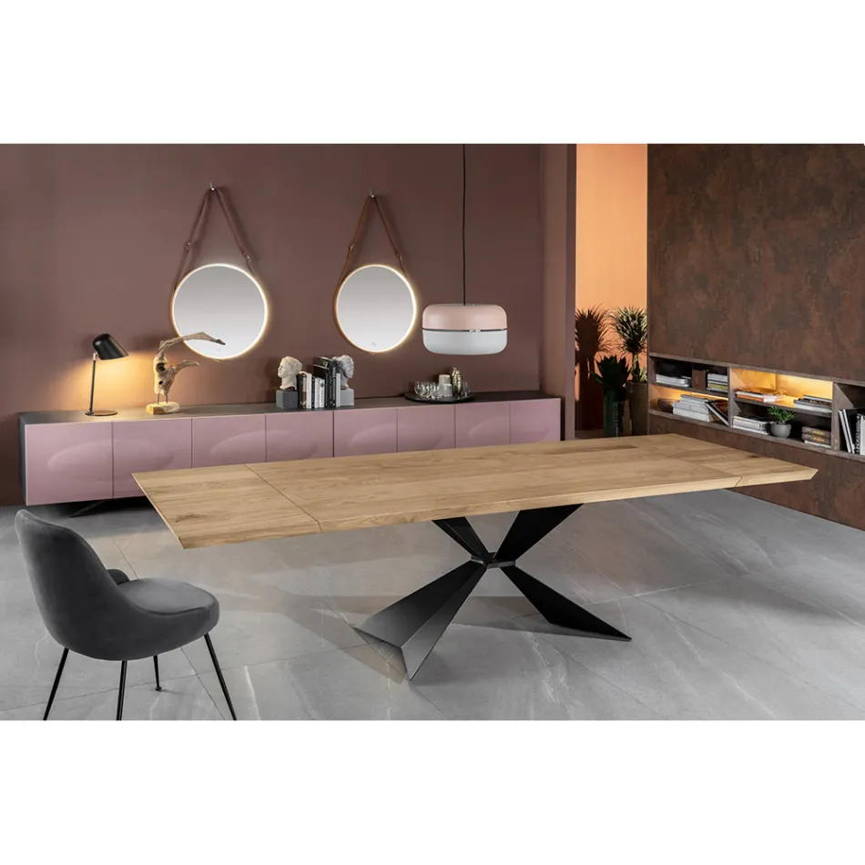 Uitschuifbare tafel tot 300 cm met metalen onderstel en eiken blad - Marineblauw Viadurini