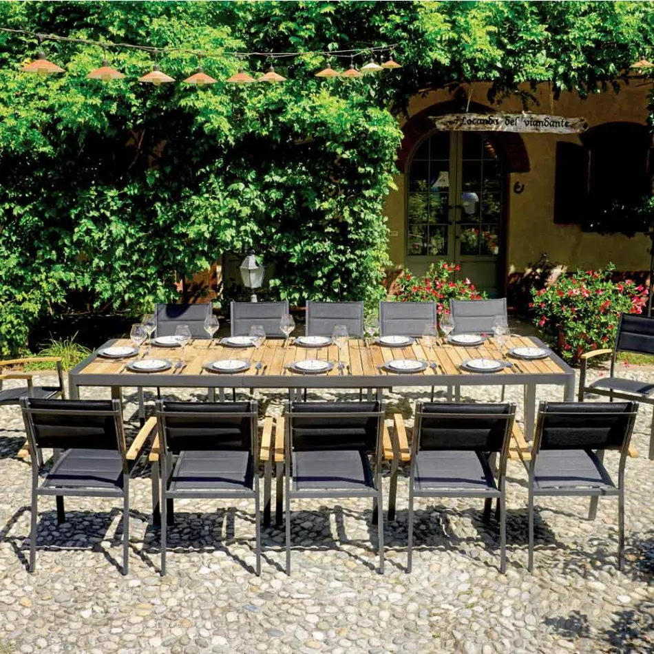 Uitschuifbare tafel tot 300 cm met schuifpoten in aluminium en teak - Felix Viadurini