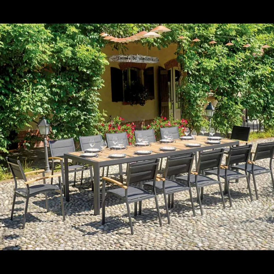 Uitschuifbare tafel tot 300 cm met schuifpoten in aluminium en teak - Felix Viadurini