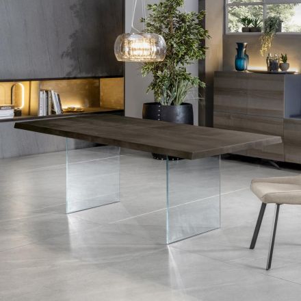 Uitschuifbare tafel tot 300 cm in eikenhout en onderstel van gehard glas - Nicoall Viadurini