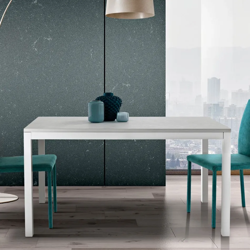 Uitschuifbare tafel met witte metalen poten en melamineblad - Shaila Viadurini