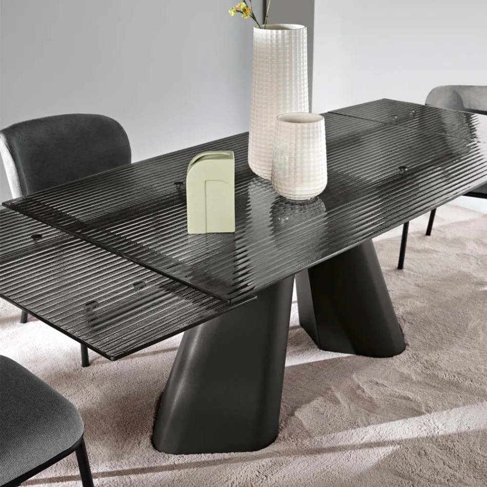 Uitschuifbare tafel tot 240 cm van helder geribbeld glas, gemaakt in Italië - Talete Viadurini