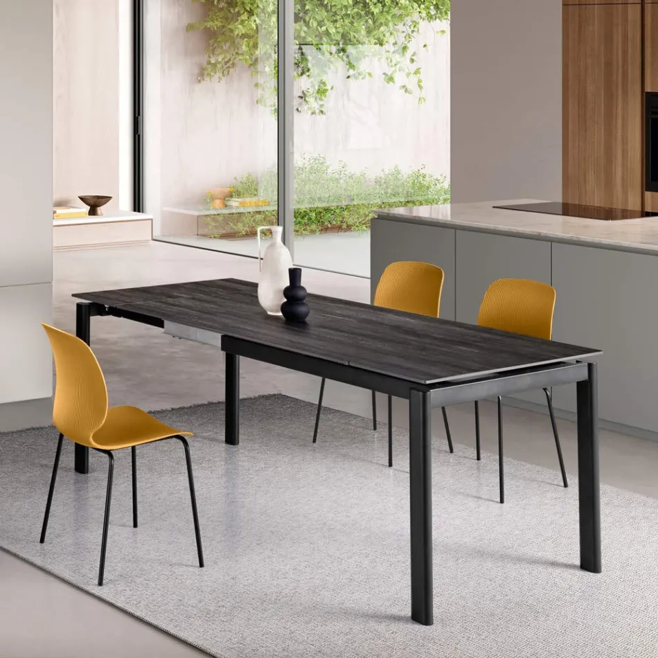 Uitschuifbare tafel in twee maten, van metaal en marmerlook steen - Morfeo Viadurini