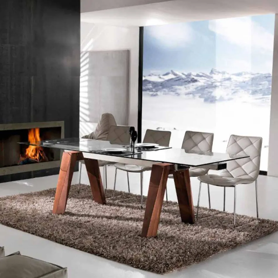 Uitbreiding van tafel in massief hout en gehard glas Tsjaad Viadurini