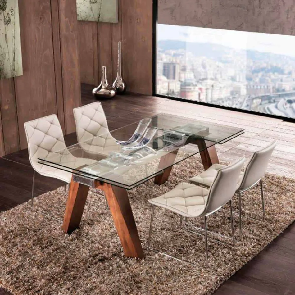 Uitbreiding van tafel in massief hout en gehard glas Tsjaad Viadurini